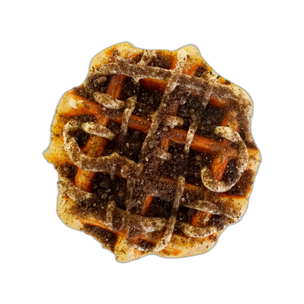 Dark & Oreo waffle with crushed Oreo and white chocolate lattice